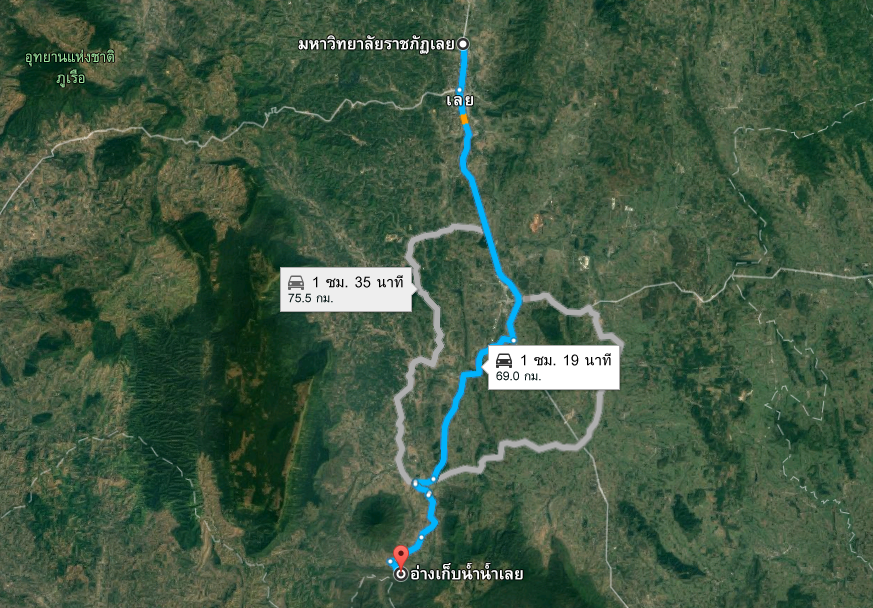 แผนที่จากมหาวิทยาลัยราชภัฏเลยไปยังอ่างเก็บน้ำน้ำเลย